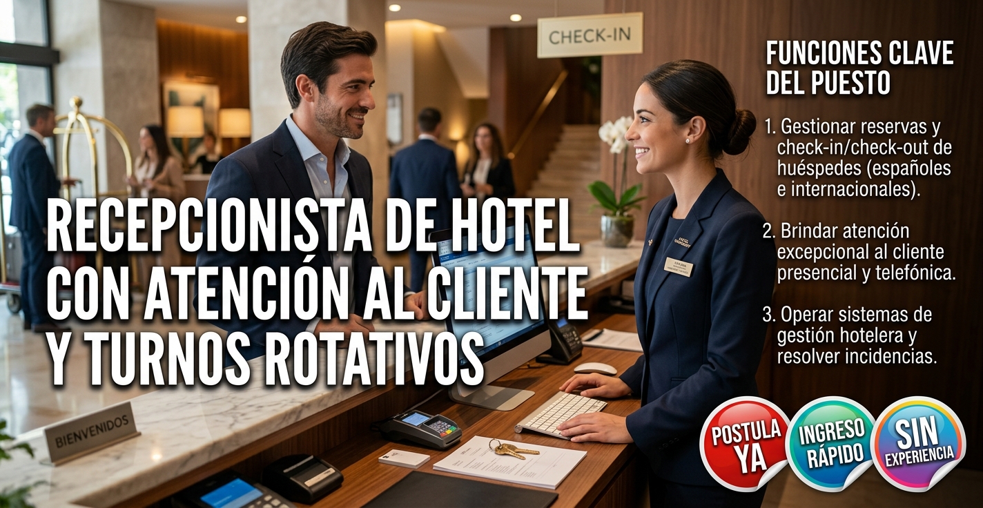 En este momento estás viendo Recepcionista de hotel con atención al cliente y turnos rotativos 📈 📊